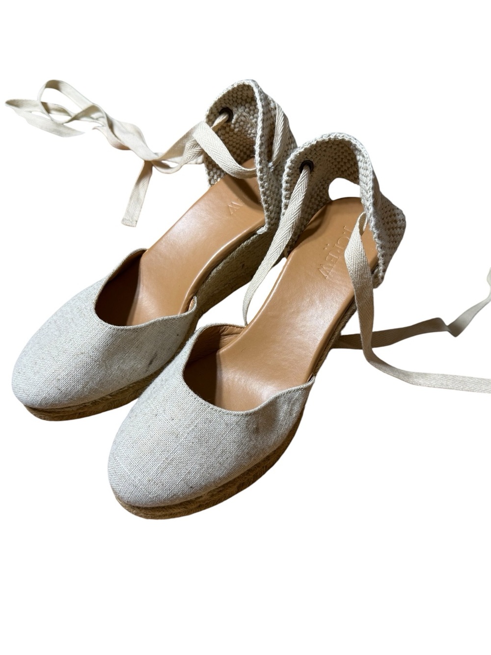 J. Crew Made in Spain Lace Up Espadrille Wedge Sandals Size 8.5 Beige Coastal - Picture 2 of 7
